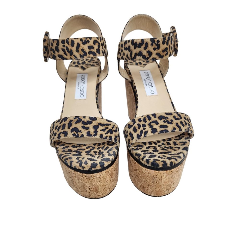 JIMMY CHOO Suede Leather Trim Wedge Heels Sandals Animal Print Light Brown 40 - Picture 3 of 10